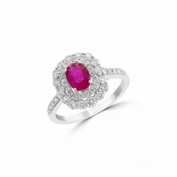 Ruby & Diamond Halo Ring in 14K White Gold